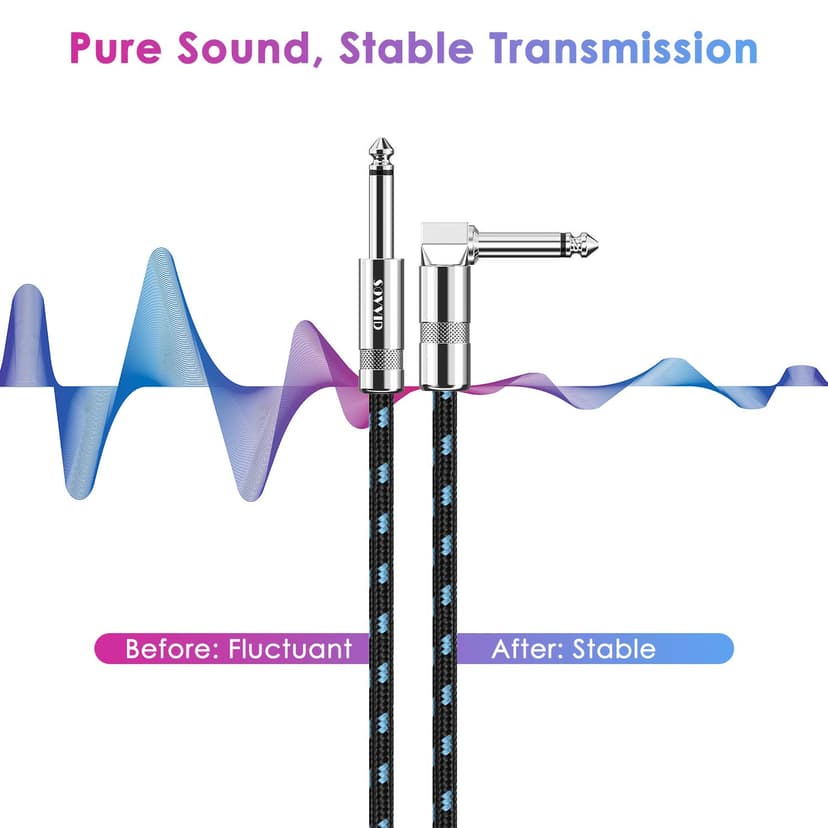 Sovvid 10FT Instrument Cable - Electric Guitar & Bass Cable with Right Angle 1/4 Inch Connector - Black & Bluetest