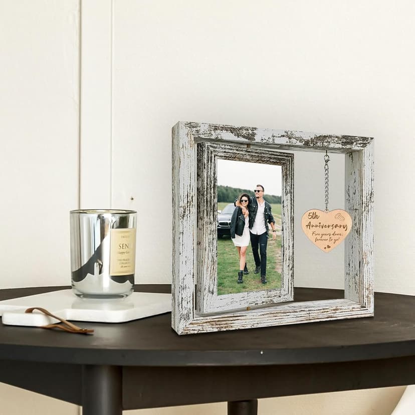5 Year Anniversary Rotating Picture Frame for Her, Wood 5th Wedding Anniversary Photo Frame gifts for Wife Husband Him Couple, Display 2 6x4