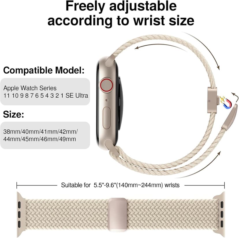 Braided Stretchy Band Compatible with Apple Watch Bands 38mm 40mm 41mm 42mm 44mm 45mm 46mm 49mm Women Men, Soft Nylon Solo Loop Magnetic Sport Strap for iWatch Series 11 10 9 8 7 6 5 4 3 2 1 SE Ultra