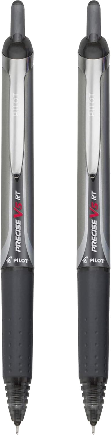 Pilot Precise V5 RT Refillable & Retractable Rollerball Pens, Extra Fine Point Pens 0.5 mm, Black, Pack of 2 - Ideal for School, Journaling & Office Writing