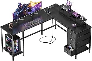 Korfile 59 inch L Shaped Computer Desk with Power Outlets, Home Office Desk with 4 Adjustable Storage Drawers & 2 Monitor Stands, Two Person Gaming Table for Bedroom, Black