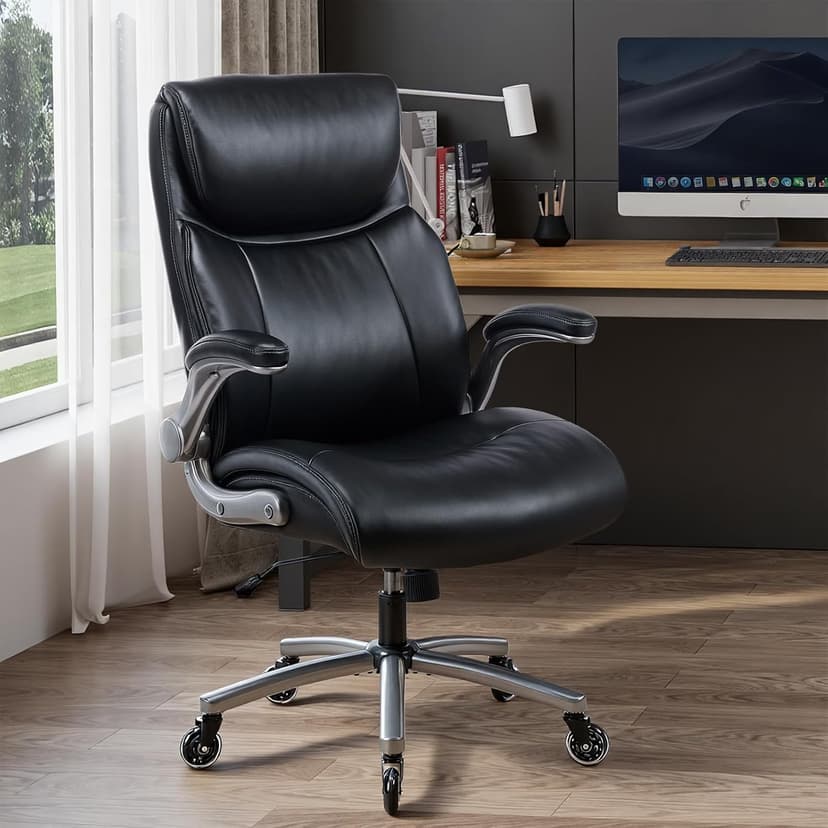 MALOL 300lbs Ergonomic PU Leather Office Chairs, High-Back y Home Computer Executive Chair with Lumbar Support and Flip-Up Arms, Black