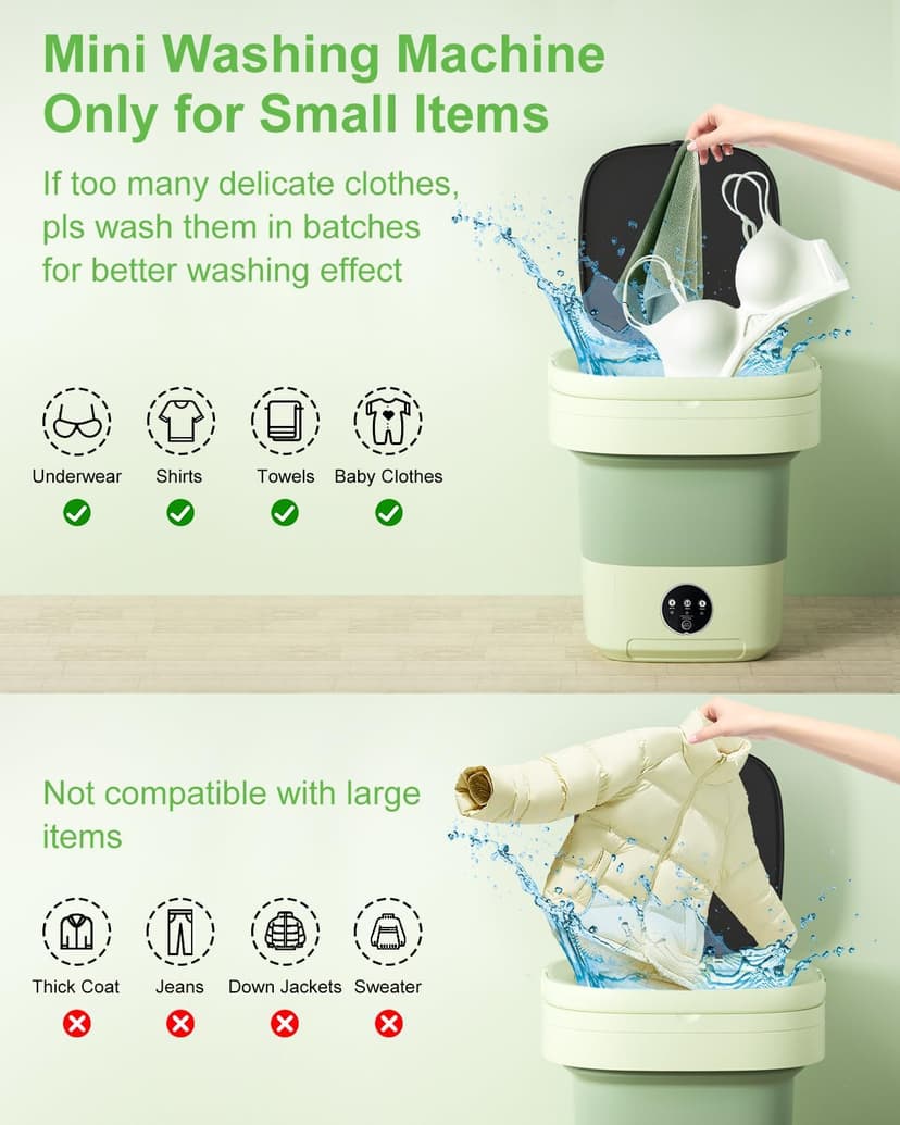 16L Large Capacity Portable Washing Machine, Laundry Washer Cleaning for Underwear, Baby Clothes, Shirts,Small Delicates. Foldable Mini Washer and Dryer Combo for Apartment,Hotel,Camp,RV,Travel(Green)