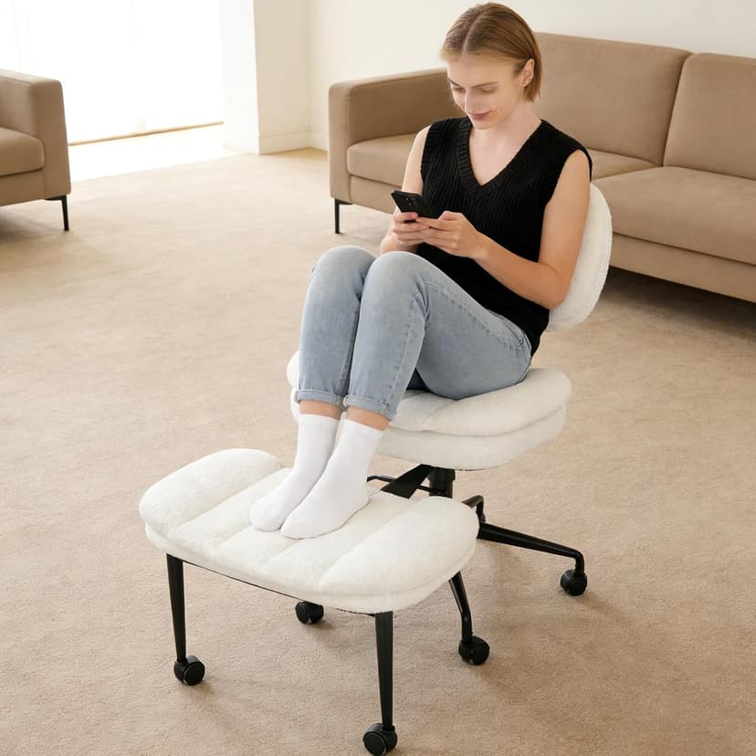 Criss Cross Chair with Footrest, 360° Swivel Faux Shearling Office Chair, Extra Wide Seat with Sofa-Like Comfort, Ergonomic Cross Legged Desk Chair for Cozy Reading, Meditation