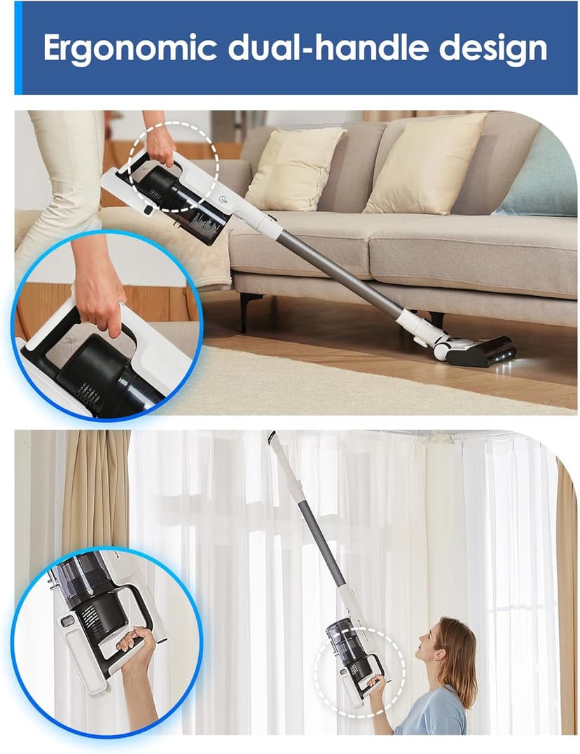 Tineco A30S Cordless Stick Vacuum Cleaner, 160W Suction, 60Min Runtime, 1L Larger Dustbin, ZeroTangle Brush, PureCyclone Tech, LED Headlight, White