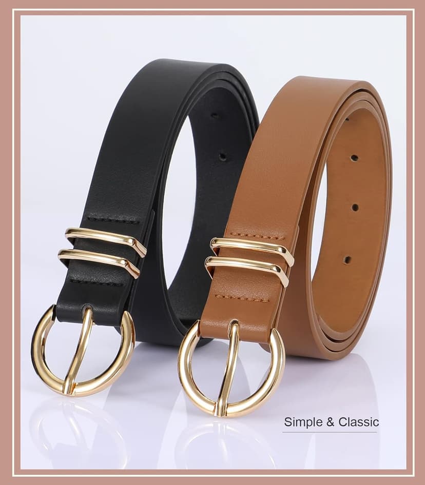 VONMELLI 2 Pack Women's Leather Belts for Jeans Dresses Fashion Gold Buckle Ladies Belt