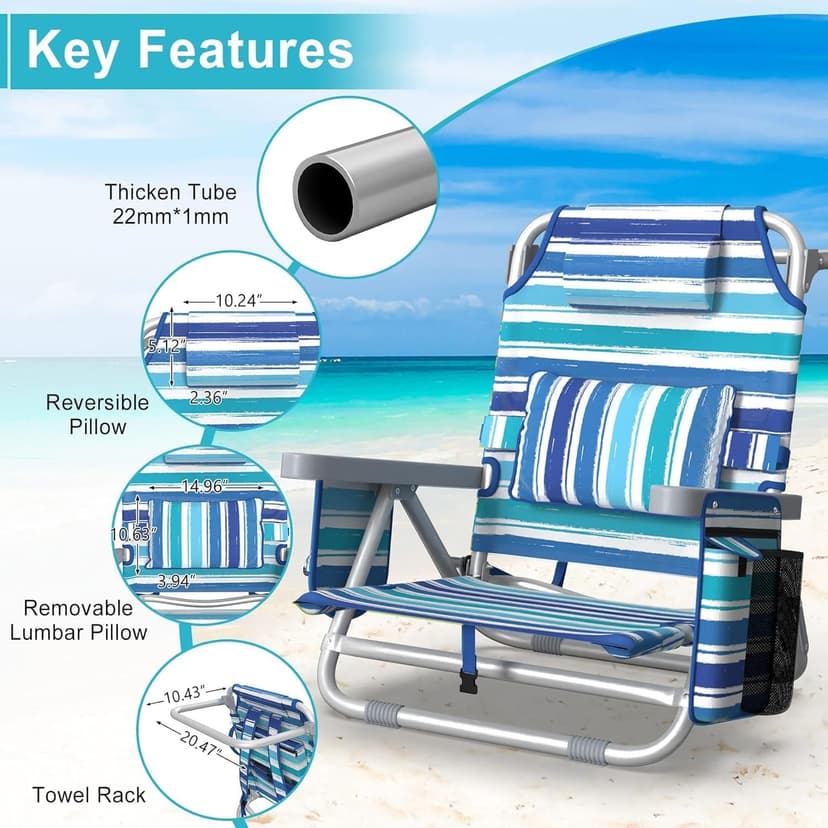 Suteck Backpack Beach Chairs for Adults, 5-Position Lay Flat Reclining Chair with Cooler Pouch, Cup Holder, Towel Bar, 2-Pack Portable Folding Beach Chair for Lawn Outdoor (1, Light Blue)