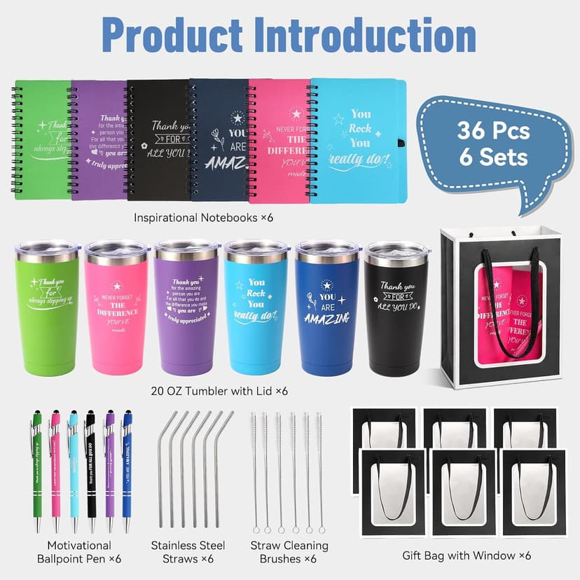 6 Set/36 Pcs Teacher Employee Appreciation Gifts Bulk - 20 Oz Insulated Tumblers, Steel Straw & Cleaner, Gift Bag, Inspirational Notebook, Motivational Pen - Thank You Gift for Coworker, Nurses B0GVYGNVQM