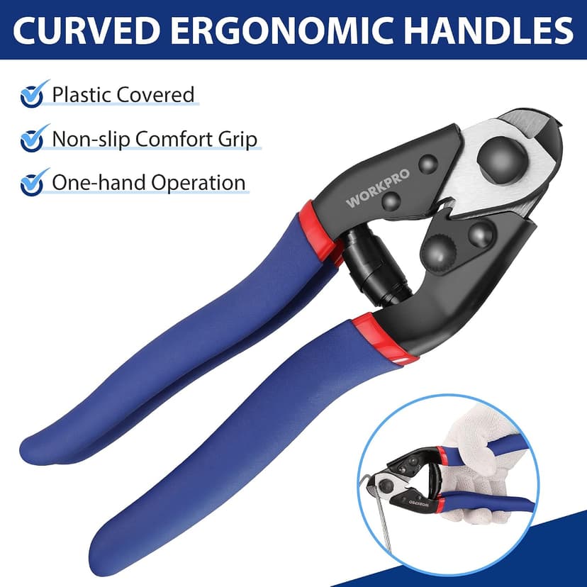 Chrome Vanadium Steel, Safety Lock, Non-Slip Handle for Hard Wire Ropes, Steel Wires and Aircraft Cables WORKPRO Cable Cutter, 7-1/2 Inch Heavy Duty Wire Rope Cutter B0B8MCVSZP