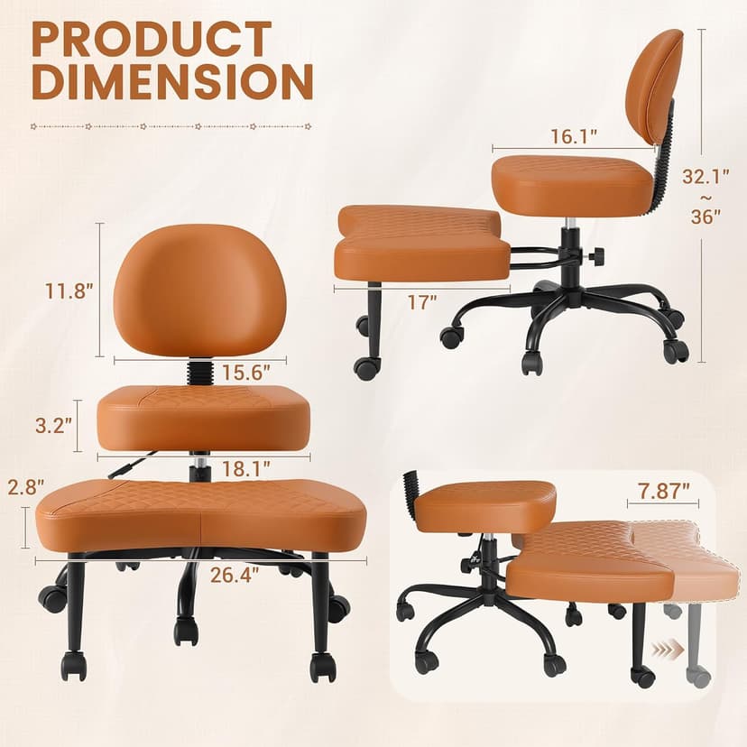 Shahoo Ergonomic Cross Legged Office Chair with Wheels - Adjustable Height Kneeling Meditation Chairs for ADHD, Yoga & Desk Work - Wide Criss Cross Seat with Lumbar Support, (Faux PU,Brown)