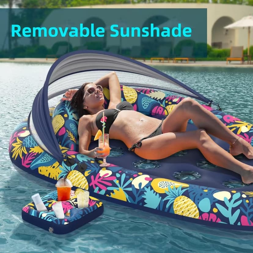 Sunikko X 3-in-1 Pool Floats with Canopy Cup Holder, Tanning Pool Large 73" x 48" Float Adult Heavy Duty, Inflatable Lounger Raft Floating Chair with Backrest, Swimming Pool Lake Beach Party