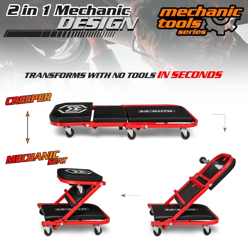 M-AUTO Foldable Z Creeper 2-in-1 Rolling Folding Car Creeper & Seat, 36" Adjustable Roller Garage Chair Lay Down or Sit, 330LBS Capacity Under Car Roller Creeper with 6 Swivel Casters, Red B0BPSQMJ9V