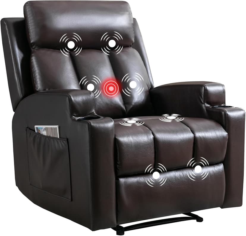 CANMOV Manual Recliner Chair with Massage and Heat,Breathable Leather Recliner Chair with Armrest and Backrest, Manual Reclining Single Sofa with 2 Cup Holders, Side Pocket for Living Room,Dark Brown