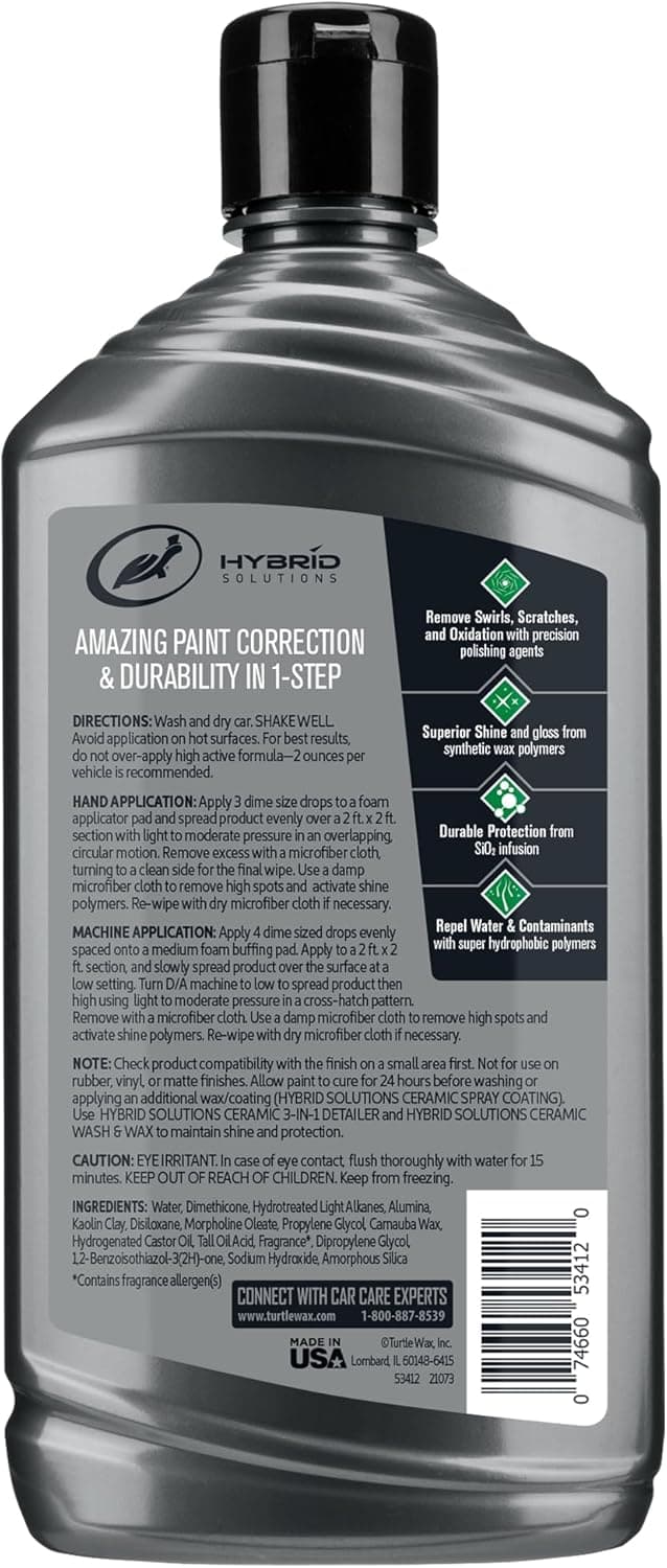 Turtle Wax Hybrid Solutions Ceramic Car Polish and Wax, Light Scratch Remover, Durable Paint Protection, Extreme Water Beading, High Gloss Shine, Hand or Machine Polisher Use, 14 oz (Pack of 1)