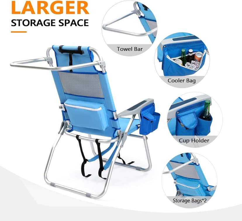 VINGLI Tall Beach Chair 2 Pack Lightweight, Backpack Beach Chair for Adults with 5-Position, Cooler Bag, Cup Holders, Towel Bar, Folding Beach Camping Chairs(16“-Blue)