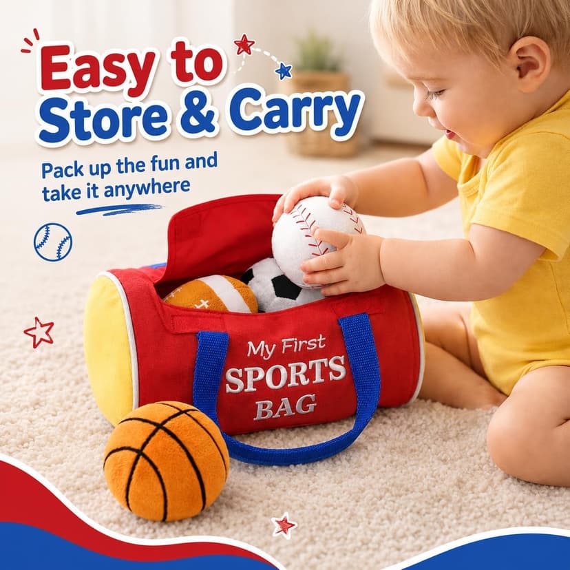 KMUYSL Baby Toys 0-12 Months, My First Sports Bag Plush Toy - 4 Sensory Balls Soft Toys with Crinkle, Rattles for 0-3-6-9-12 Month Newborn Infant, 1st Birthday for Babies Boys Girls Age 1