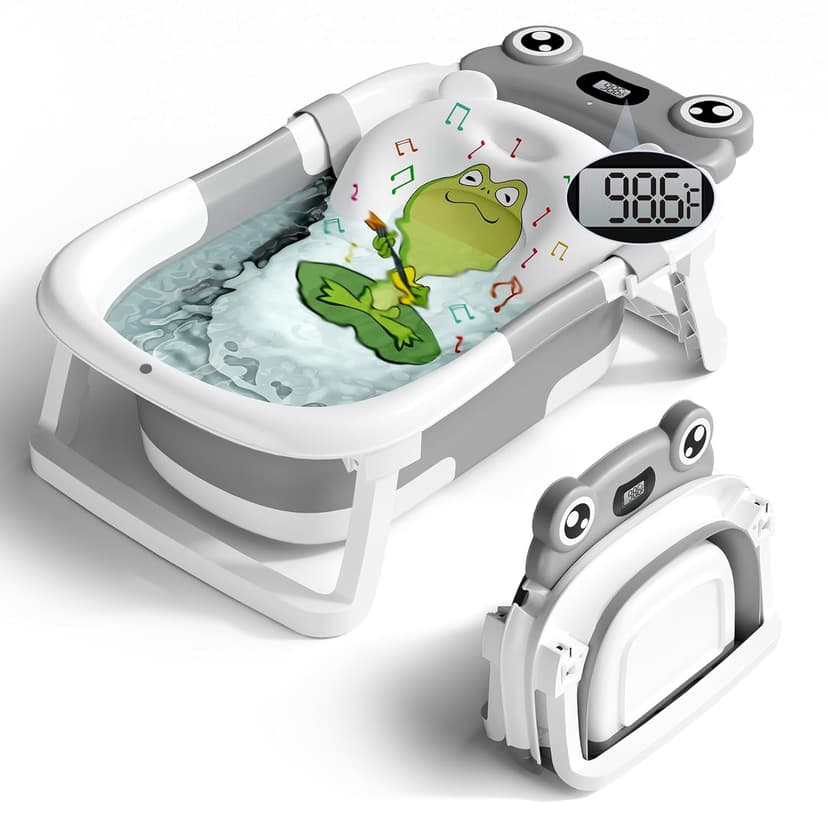 BUNWAG Baby Bathtub, Collapsible Newborn Bathtub for Infant to Toddler with Soft Cushion and Thermometer,Portable Travel Newborn Tub with No-Slip Feet, Baby Shower Gifts, 0-12 Months Baby Bath, Grey B0CTJXJL4T