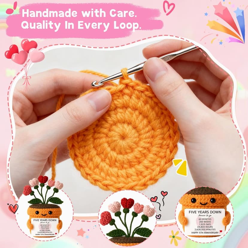 MAMAGIFTREE 5th Anniversary Wedding Gift for Couple - Handmade Crochet Heart Flower Plush with Romantic Message - Five Years Down Forever to Go Keepsake for Wife, Husband, Boyfriend, Girlfriend