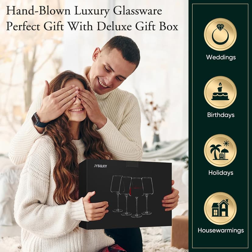 Red wine glasses 19oz Hand Blown Premium Crystal White square wine glass set of 4 Unique Large Wine Glasses Long Stem for men or women Wedding, Anniversary, Christmas Gift Box Give away gifts