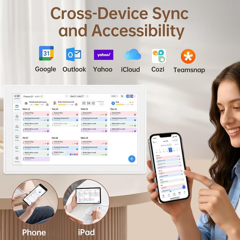 Real-time Google, Outlook and iCloud sync keeps every family member organized, with meal planning and no subscription fees. 15.6" Digital Calendar Wall Touch Screen, Chore Chart, Photo Frame, Bases B0GBVS5NX1
