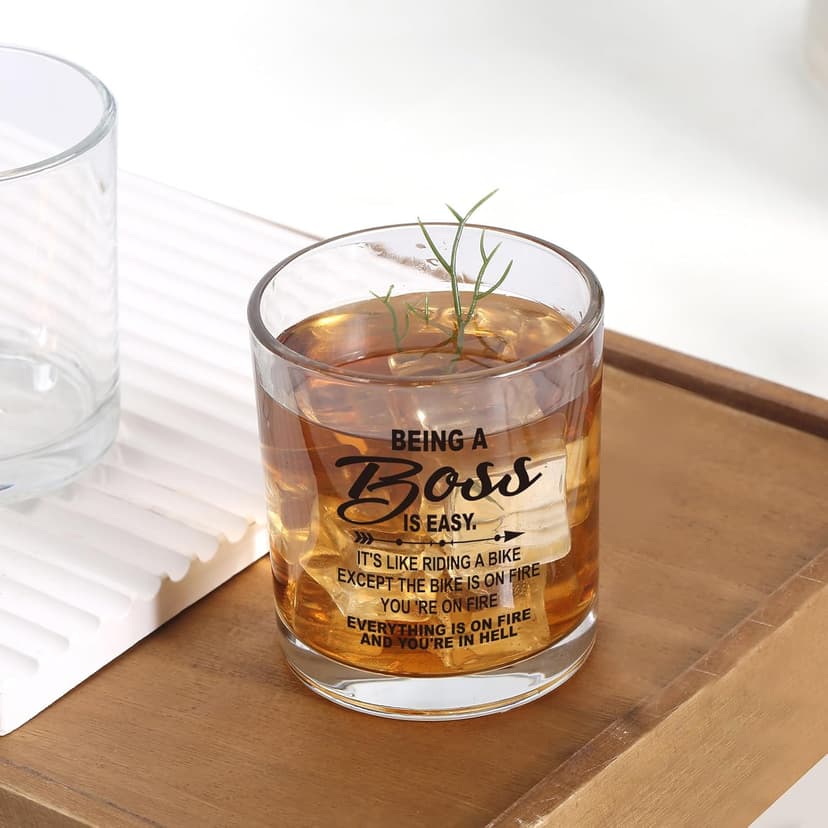 Jogskeor Boss Gifts, Being A Boss Is Easy 10oz Whiskey Glass, Birthday Christmas Gifts for Men Him Manager Leader