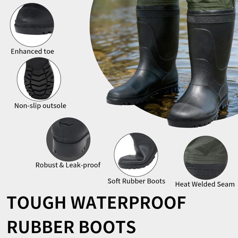 DikaSun Fishing Waders for Men & Women, Waterproof 2-Ply Nylon/PVC Chest Wader with Boots for Outdoor Sizes 4-13 Bootfoot