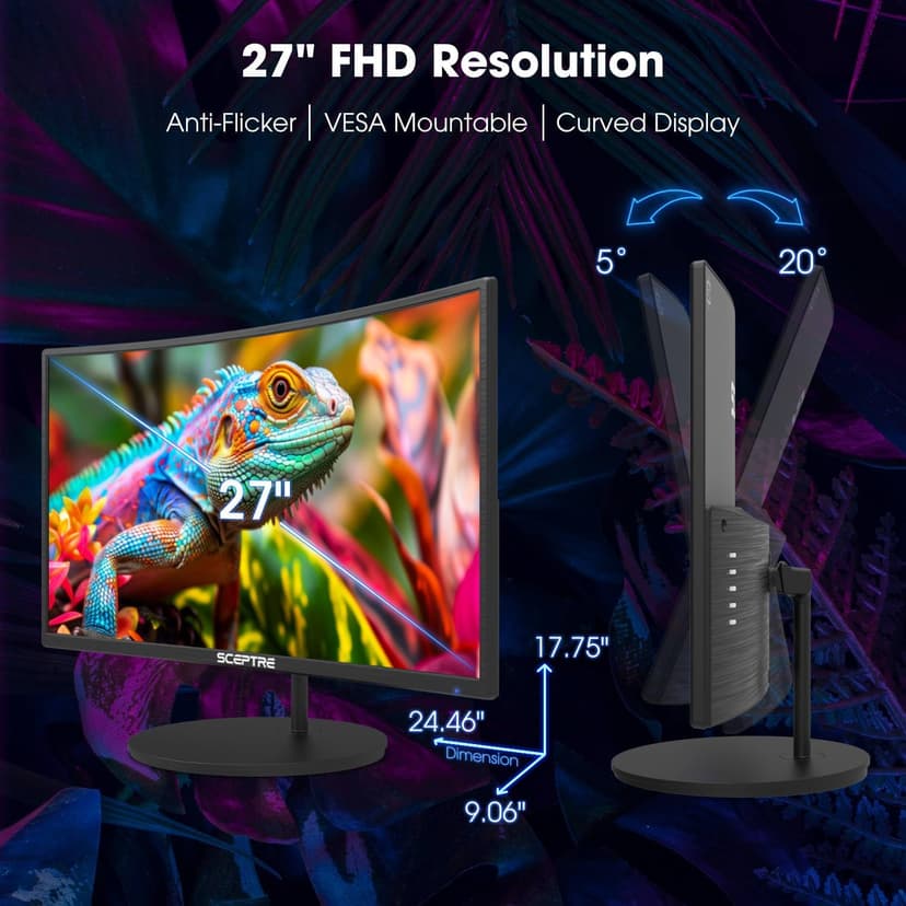 New! Sceptre Curved 27-inch Gaming Monitor 100Hz 1080p R1500 98% sRGB HDMI x2 VGA Build-in Speakers, VESA Wall Mount Machine Black 2026 (C275W-1920RN Series)