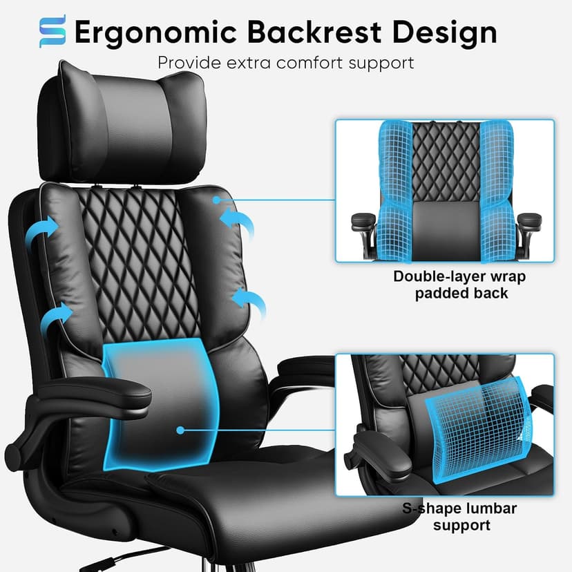 Sytas Ergonomic Office Chair with Adjustable Headrest, Executive Leather Desk Chair with Upgraded Lumbar Support for Lower Back Pain Relief, Thickened Backrest Computer Chair for Home Office, Black