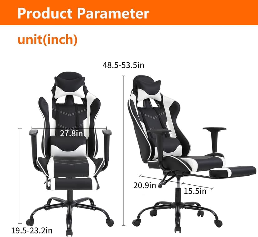 High Back PU Leather Gaming Chair with Headrest & Lumbar Support, Height Adjustable Wide Seat Gamer Chair for Adults, Game Chair with Footrest & Armrest