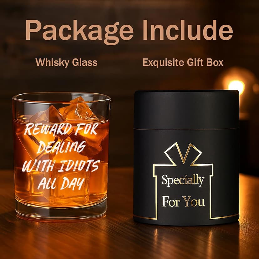 Reward For Dealing With Idiots All Day Whiskey Glass, Funny Gifts for Men Coworker Friend Husband Boss Him Christmas Bosses Day Birthday, 10 OZ Old Fashioned Glass with Gift Box