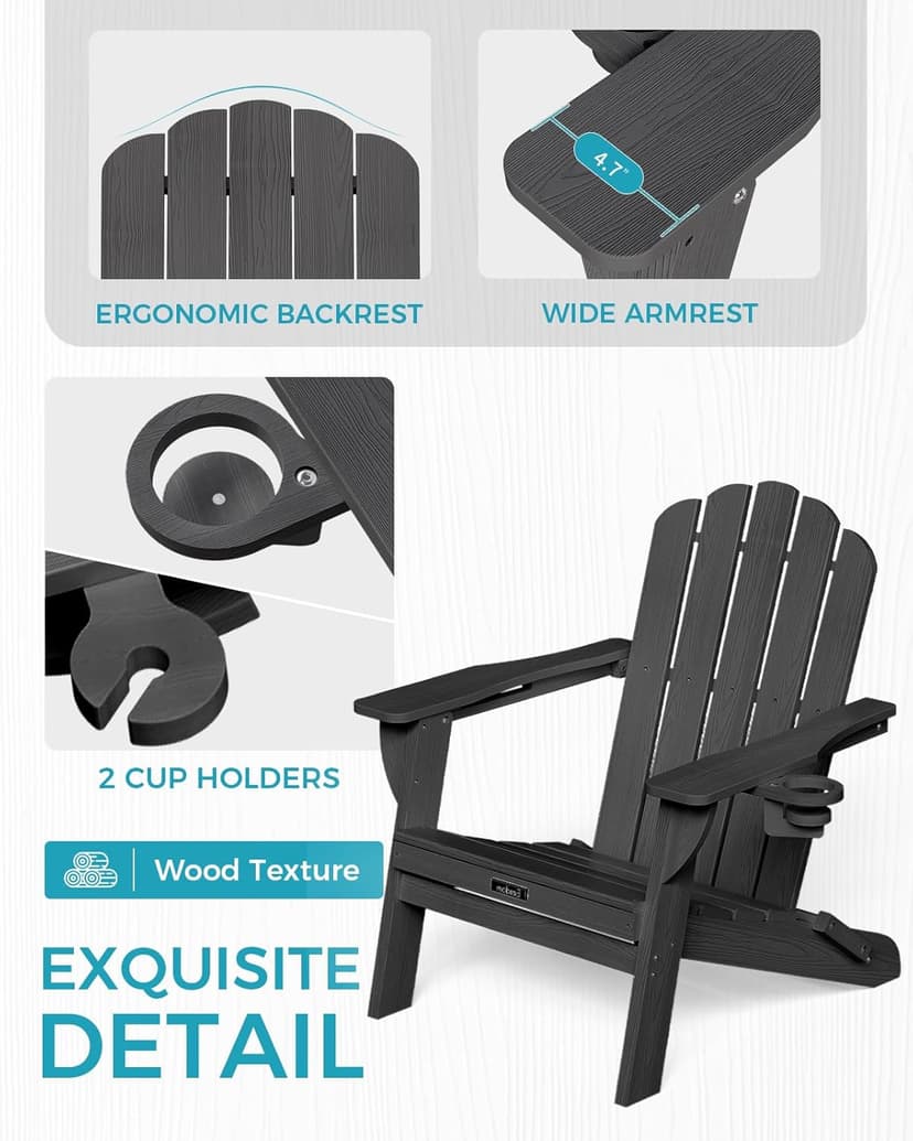 Folding Adirondack Chair,All-Weather HDPE Fire Pit Chair with 2 Cup Holders, Plastic Outdoor Chair for Patio Deck Garden Lawn, Black