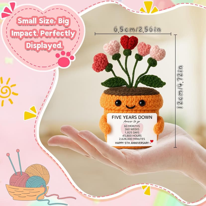 MAMAGIFTREE 5th Anniversary Wedding Gift for Couple - Handmade Crochet Heart Flower Plush with Romantic Message - Five Years Down Forever to Go Keepsake for Wife, Husband, Boyfriend, Girlfriend