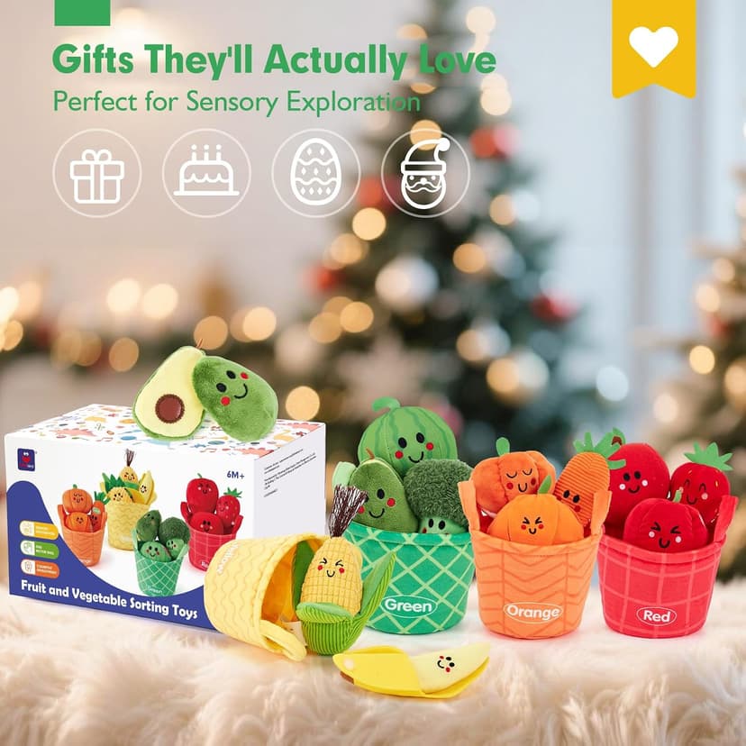 Color Sorting Play Food with Textures, Crinkle, Rattle, 6-12 Month Baby Toys 1 Year Old Boy Gifts One Year Old Girl Birthday hahaland Baby Sensory Toys Montessori Toys 1 Year Old Fruit Vegetable 16PCs B0DMVXR942