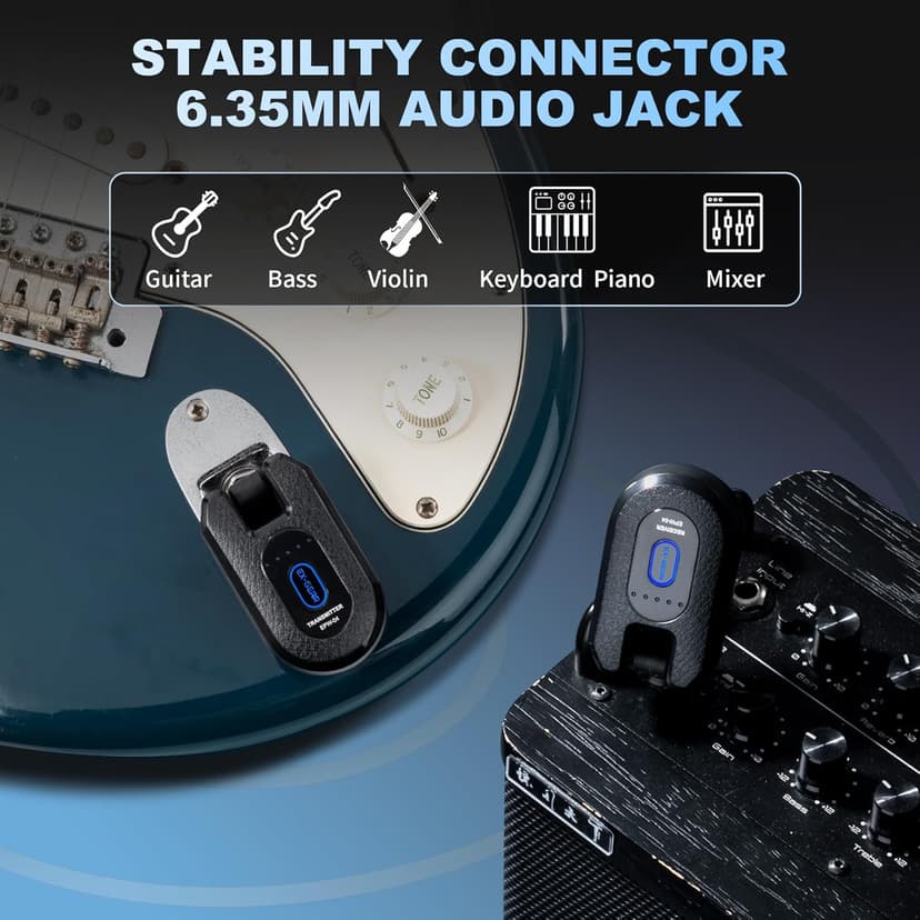 EX GEAR High-Grade Wireless Guitar System 2.4GHz Wireless Guitar Transmitter Receiver Rechargeable, 4 Signal Channel, 235° Rotating Plug, 50m Range for Bass Guitar Electric Instruments