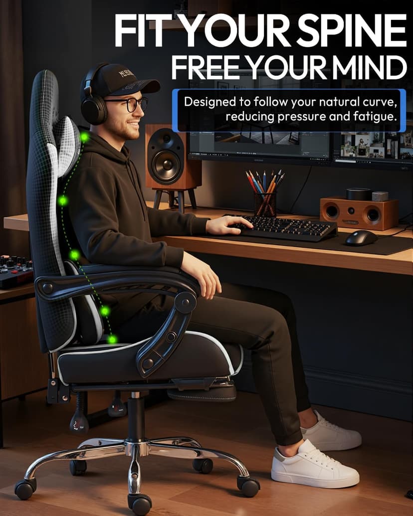 Dowinx Ergonomic Gaming Chair with Footrest & Massage Lumbar, 2D-Linkage Armrests for Computer Chair 330lbs with Headrest Pillow for Office, Home, Streaming and Long Gaming Sessions, White