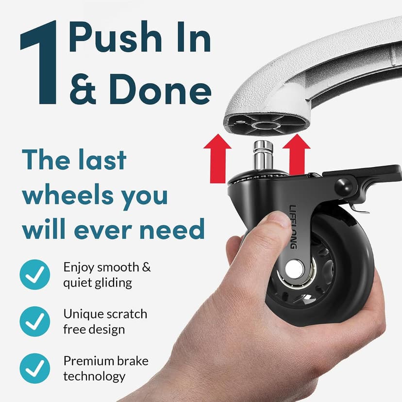 Lifelong Office Chair Wheels Replacement Rubber Desk Chair Casters for Hardwood Floors and Carpet, Set of 5, Quiet & Smooth Rolling Casters with Brakes for Chairs to Replace Office Chair Mats
