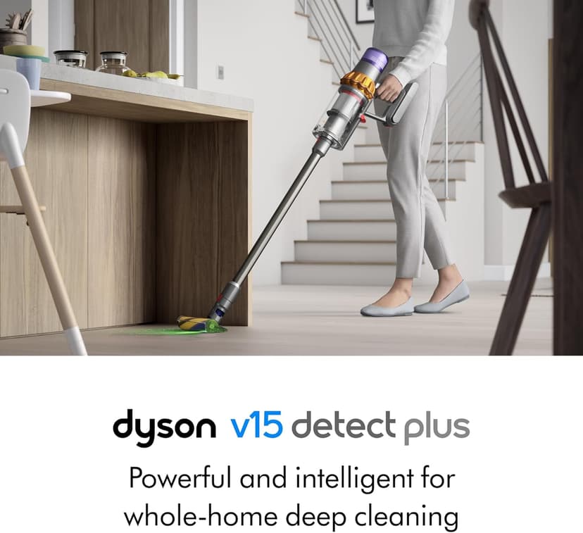 Dyson V15 Detect Plus Cordless Vacuum, Illumination Reveals dust, 240AW, 3 Power Modes, Up to 60 Minutes,² Deep Cleans Hard Floors and Carpets, Detangles pet Hair, Converts to Handheld
