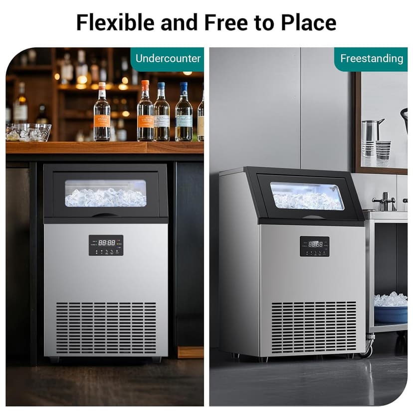 ETL Approval Commercial Ice Maker Machine 150 Lbs/24H Stainless Steel, with 50Lbs Bin, Under Counter or Freestanding Ice Maker, 55 Ice Cubes in 8-15 Minutes for Home & Commercial