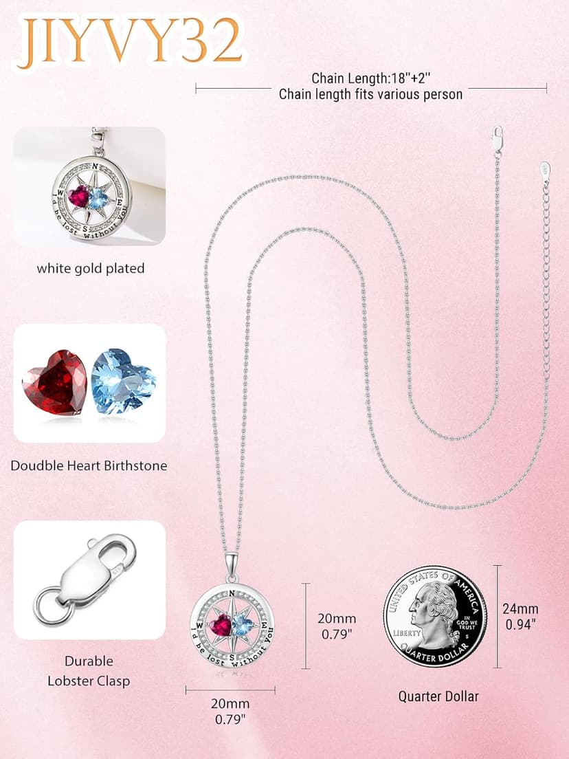 Exquisite Silver Double Birthstone Necklace Jewelry ‘I'd be Lost Without You’ Compass Birthstones Necklace Anniversary Birthday Gift for Wife Her B0GRGDWLWL