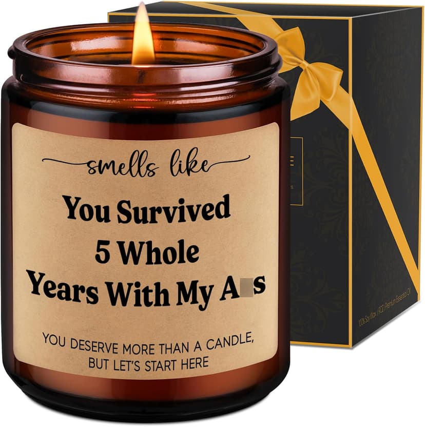 LEADO 5th Wedding Anniversary Candle - 5 Year Marriage Wood Themed Gifts for Husband Wife, 5 Year Anniversary Candle Gifts for Him Her - 5th Anniv. Funny Present for Couple, Women, Men, BF, GF