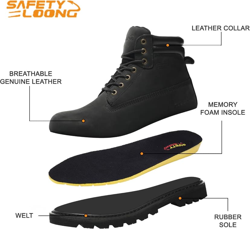 SAFETY LOONG Work Boots for Men Waterproof Soft Toe Non Slip Comfortable Leather Workboots