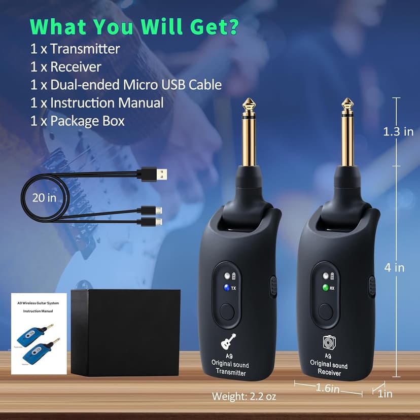 A9 Wireless Guitar System - 2.4GHz Guitar Accessories Transmitter Receiver, 24-bit 48KHz Audio, 100ft Range, No Latency, 4-Hour Rechargeable Battery, for Electric Bass (Black(1TX+1RX))