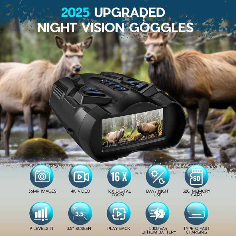 with 1000FT Infrared Range,5000mAh Rechargeable Battery,3.5" Screen,Include 32GB Card,Gift for Mens and Outdoor Enthusiasts WISHBETY 4K Night Vision Goggles for Adult,16X Zoom Night Vision Binoculars B0F9414W64