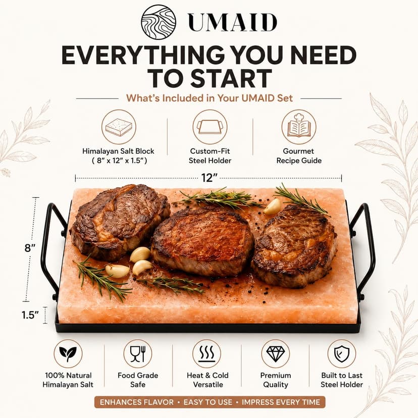 UMAID Himalayan Salt Block Cooking Plate 12x8x1.5 – Food Grade Pink Himalayan Salt Stone for Cooking, Grilling, Serving & Cutting – Includes Steel Tray & Grilling Recipe Booklet – Unique Gifts for Men & Women B07BB6HWT6