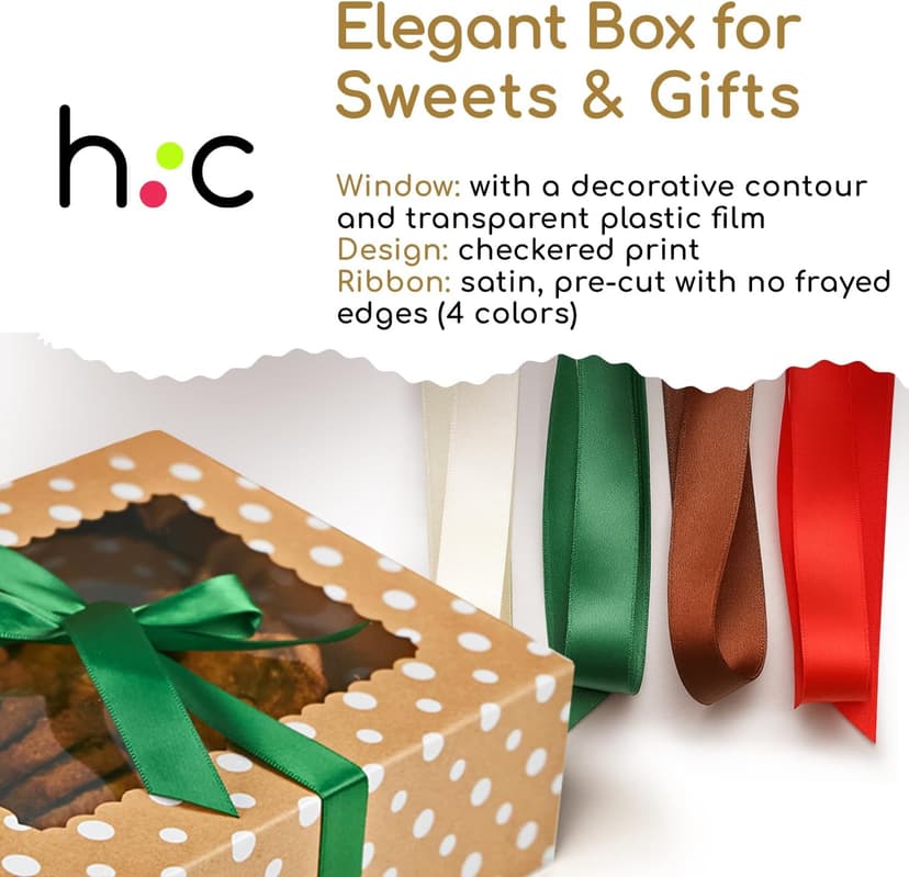 Brown Kraft Cookie Boxes with Ribbons & Window (20 Pack) 8.3 x 6 x 2.8” Food Grade Cardboard Bakery Gift Boxes for Christmas Gift Giving, Baked Goods, Candy Treats, Decorative Holiday Packaging, Empty