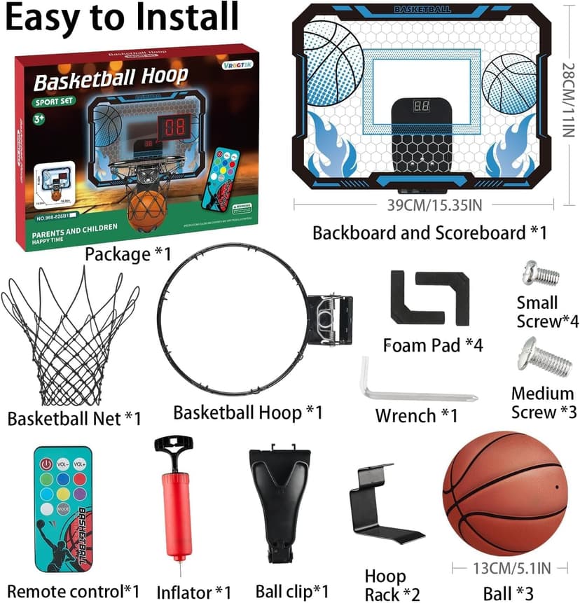 VROGTIK Indoor Basketball Hoop for Kids with Led Lights Mini Basketball Hoop with Remote Control Over The Door Basketball Hoops with Scoreboard Basketball Toys for 4-12 Year Old Boys Girls