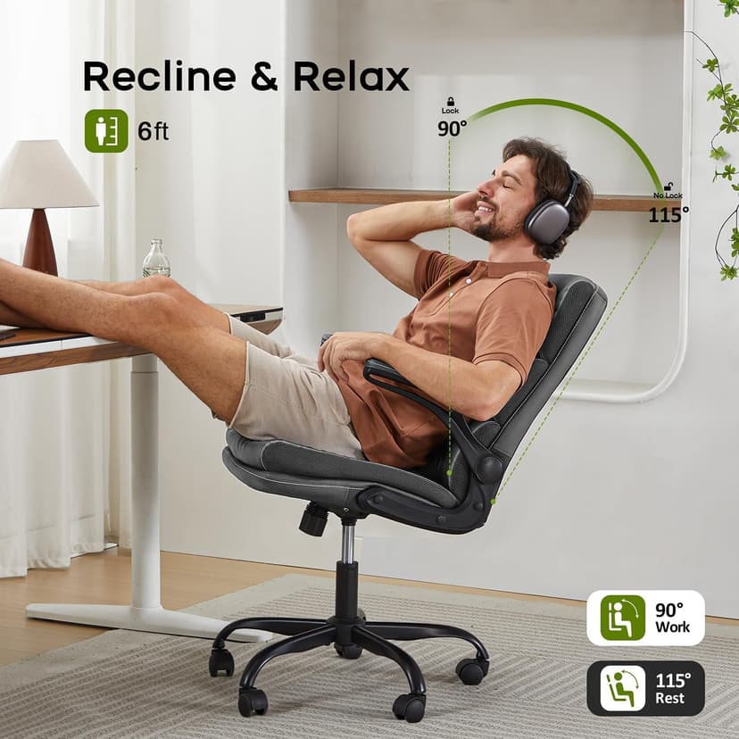 Office Chair Adjustable Desk Chair Mid Back Executive Comfortable Bonded Leather Ergonomic Back Support Home Computer Chairs with Padded Flip-up Armrest Swivel Wheels (Tan)