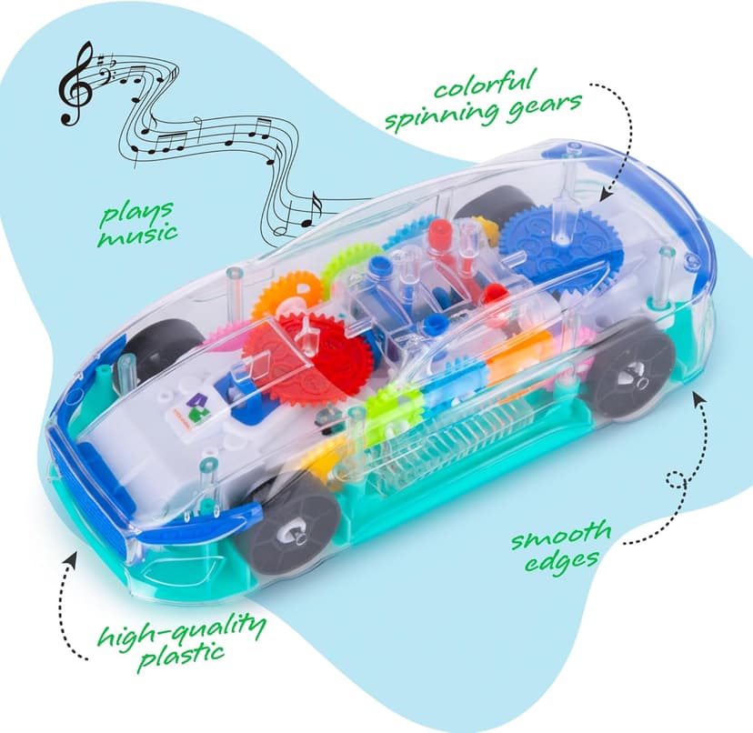 ArtCreativity Light Up Transparent Sensory Car Toy for Kids, 1PC, Bump and Go Toy Car with Colorful Moving Gears, Music, and LED Effects, Easter Toys for Toddlers, Great Birthday Gift Idea