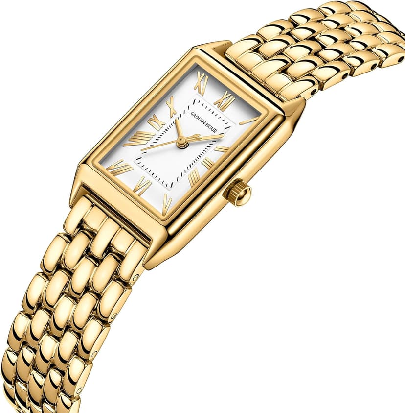 GAOFAN HOUR Gold Watches for Women with Vintage Rectangular Case,White Roman Dial,Stainless Steel Band,Adjustment Tool Included,Water Resistant