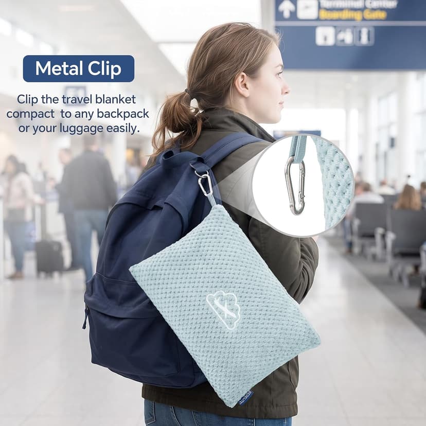 Ultra-soft Airplane Blanket, Luggage Sleeve & Backpack Clip, Travel Essentials for Women, Foldable as Pillow for Long Flight BEDELITE Travel Blanket with Bag, Jacquard Fleece Blanket 65"x40", Blue B0CNJS15T4